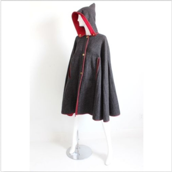 Bonnie Cashin Cape with Hood Charcoal Wool Cherry Red Leather Trim Vintage 60s - Picture 4 of 8